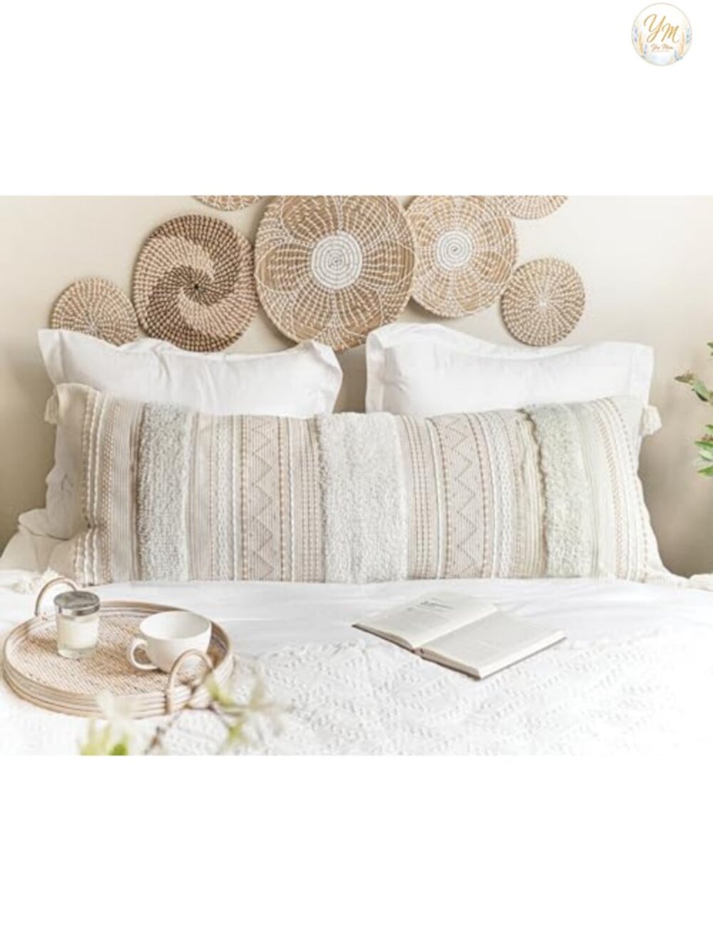 Oversized Rectangular Lumbar Pillow Cover, Tufted Boho Cotton Blend Throw